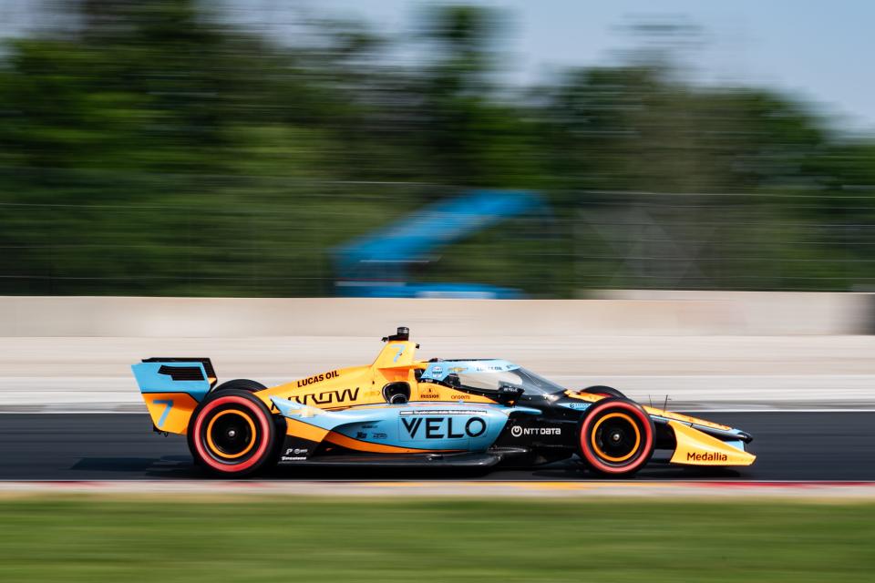 Alexander Rossi passes through Turn 1 during NTT IndyCar Series practice Friday, June 16, at Road America near Elkhart Lake, Wisconsin, ahead of the Sonsio Grand Prix on June 18.
