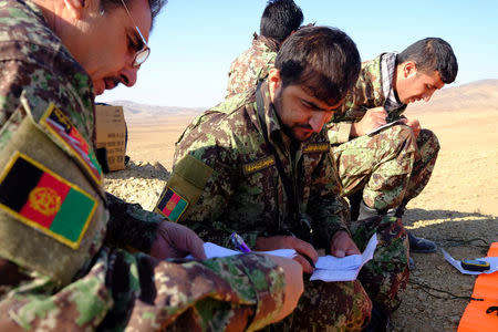 A group of Afghan Tactical Air Controller students make calculations for calling in air strikes during an exercise at a range outside Kabul, Afghanistan, October 18, 2016. REUTERS/Josh Smith