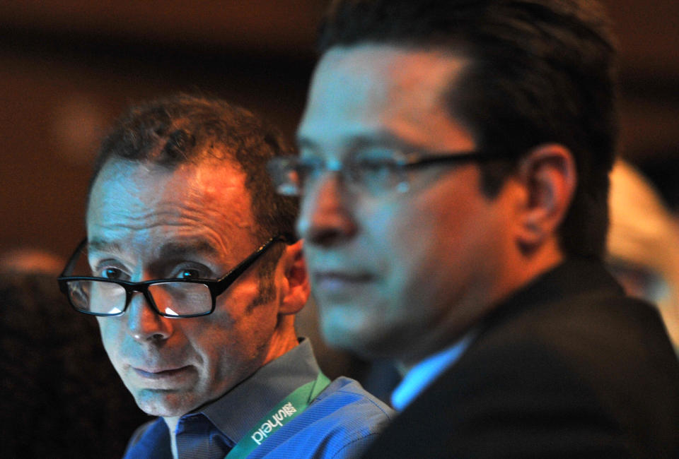 US Timothy Ray Brown (L), also known as “The Berlin Patient”, the first man to cure AIDS, with German oncologist Gero Hütter (R) takes part to the International Symposium HIV & Emerging Infectious Diseases (ISHEID) conference, on May 23, 2012 in Marseille, southern France. Timothy Ray Brown infected with HIV for more than a decade was given an experimental transplant of bone marrow with cells that contained an unusual natural variant of the CCR5 delta 32 cell-surface receptor, proved resistant to HIV, by a team around German oncologist Gero Hütter. AFP PHOTO / GERARD JULIEN (Photo credit should read GERARD JULIEN/AFP/GettyImages)