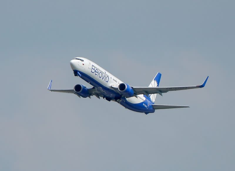 FILE PHOTO: A Boeing 737-800 plane of Belarusian state carrier Belavia takes off at the Domodedovo Airport outside Moscow