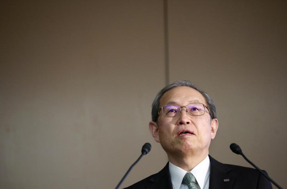 Toshiba Corp. President Satoshi Tsunakawa speaks during a press conference at the company's headquarters in Tokyo, Tuesday, Feb. 14, 2017. Japanese electronics and energy giant Toshiba said Tuesday that its chairman is resigning to take responsibility for problems that will result in a 713 billion yen ($6.3 billion) loss in its nuclear business. Toshiba warned, however, that unaudited financial results it announced may change "by a wide margin." It earlier delayed reporting its official financial results by a month, citing auditing problems related to the losses in its nuclear business. That sent Toshiba stock tumbling 8 percent in Tokyo trading. (AP Photo/Shizuo Kambayashi)