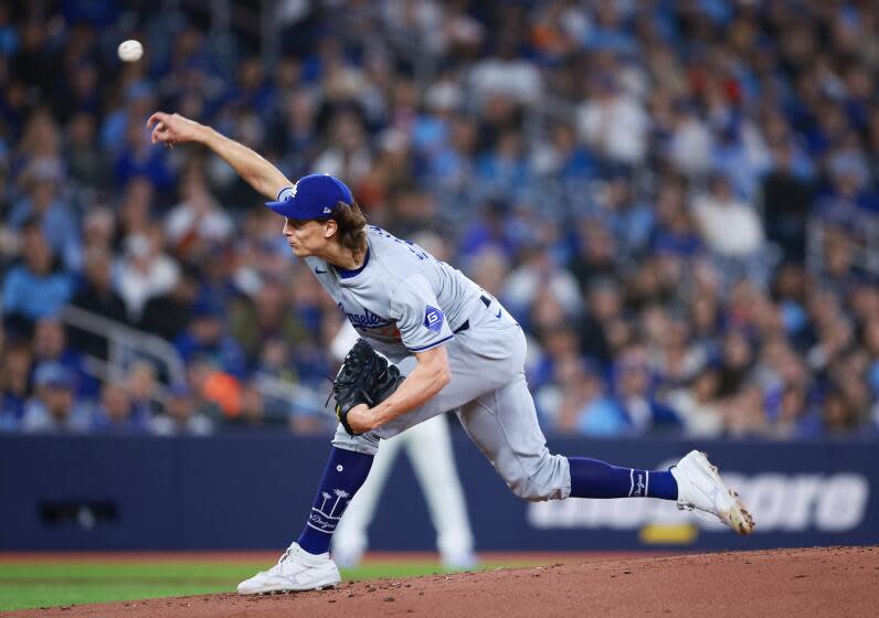 TORONTO, ON - APRIL 27: Tyler Glasnow #31 of the Los Angeles Dodgers delivers.