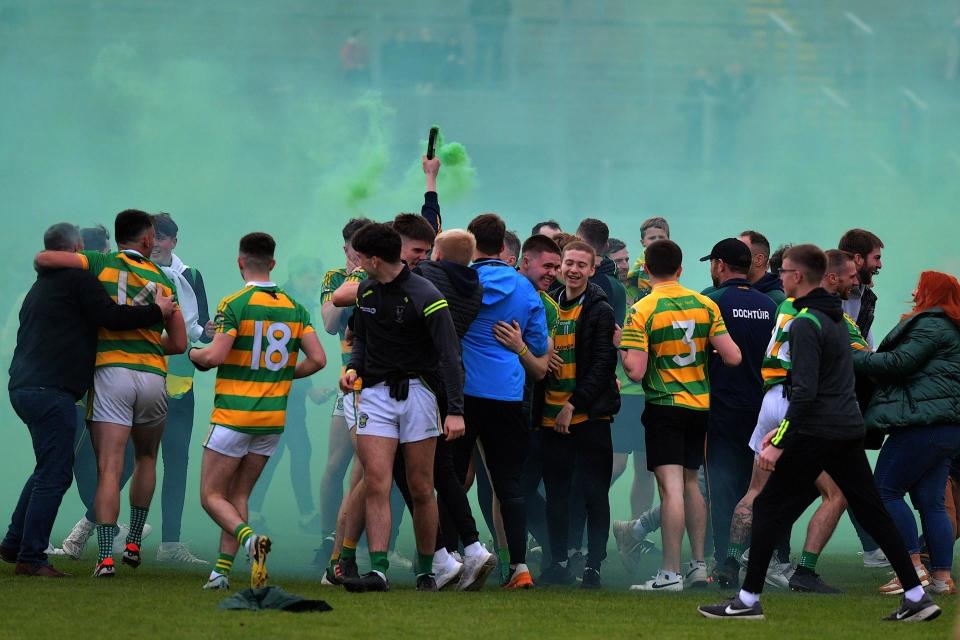 Glenullin players and supporters celebrate the Intermediate Football Championship final  victory over Banagher on Sunday afternoon in Celtic Park. Photo: George Sweeney
