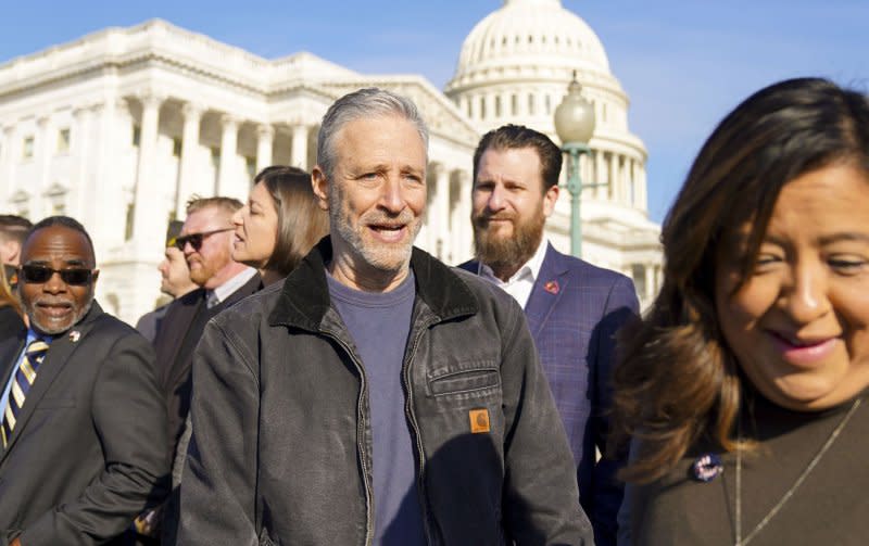 Jon Stewart participates in a press event to highlight the PACT Act at the U.S. Capitol on March 2, 2022. The TV personality turns 61 on November 28. File Photo by Leigh Vogel/UPI