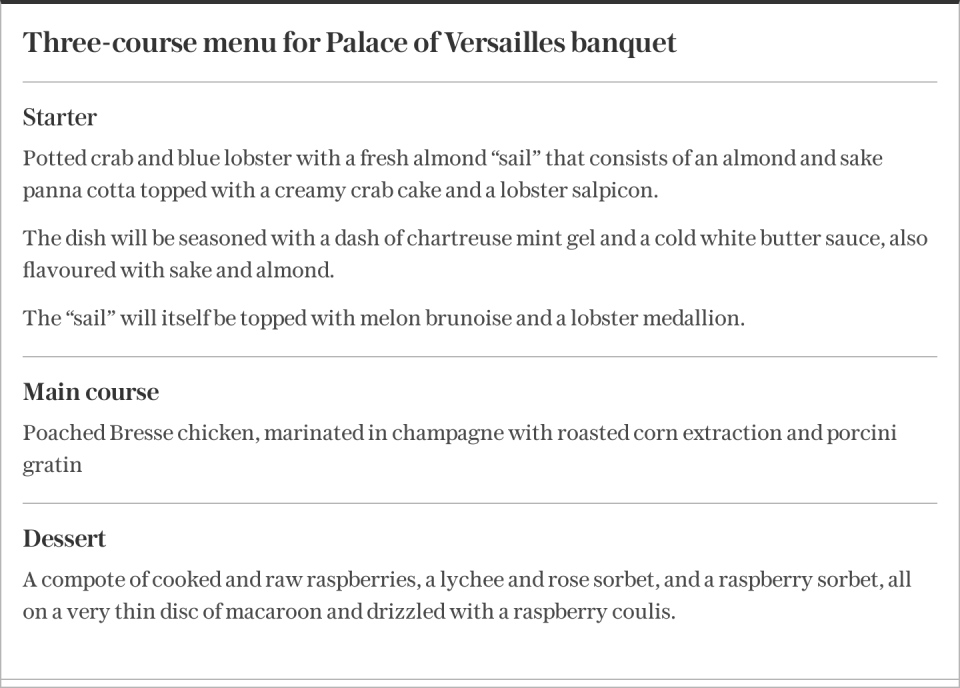 Three-course menu for Palace of Versailles banquet