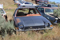 <p>‘Glass egg’, ‘pregnant guppy’, ‘glassmobile’, ‘pacemaker’ and ‘fishbowl on wheels’, were some of the more popular nicknames the AMC Pacer picked up over the years. But beauty is only skin deep, and between 1975 and 1980 a total of 280,000 people were prepared to overlook its aesthetically challenged exterior, and take ownership of a new one.</p><p>According to the scribbling on the side of this car, it was built in 1979.</p>