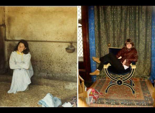 Left: Polly crouches in a farmer's cow stall on a trip to Ireland in 1980.    Right: Lee in what she called a "more lavish accomodation" in Ireland in 2011.