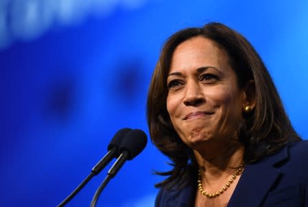 Democratic 2020 U.S. presidential candidate and U.S. Senator Kamala Harris (D-CA) takes the stage at the New Hampshire Democratic Party state convention in Manchester