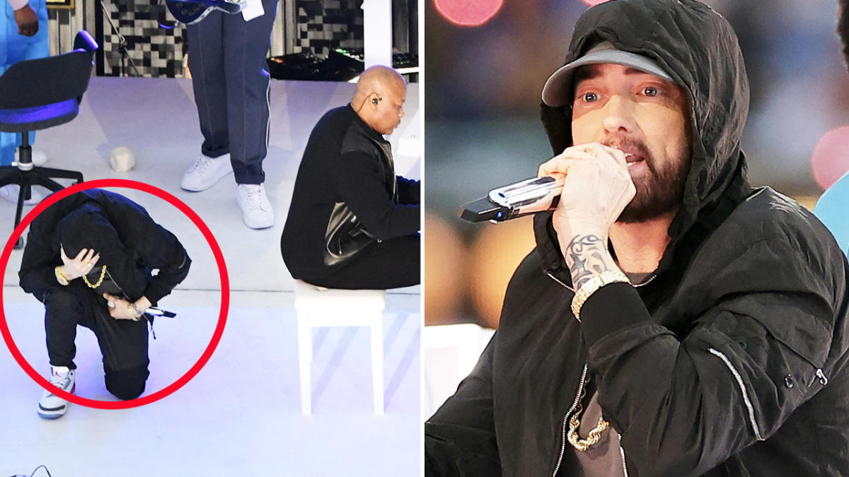 Eminem takes a knee during the Super Bowl halftime show : NPR