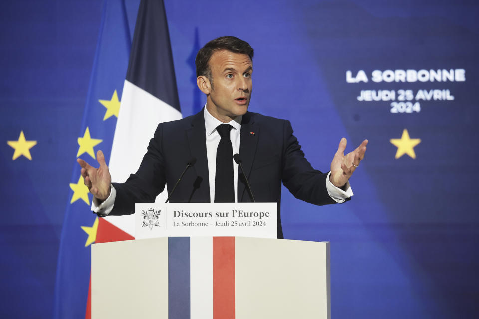 French President Emmanuel Macron delivers a speech on Europe in the amphitheater of the Sorbonne University, Thursday, April 25 in Paris. 2024. French President Emmanuel Macron will outline his vision for Europe as a more assertive global power at the backdrop of war in Ukraine, security, and economic challenges in a speech ahead of pivotal election for the European Parliament in June. (Christophe Petit Tesson, Pool via AP)