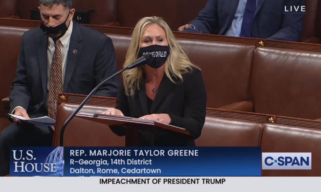 <p>Marjorie Taylor Green mocked for wearing a mask saying ‘censored’ while speaking to the nation on live TV</p> (C-SPAN)