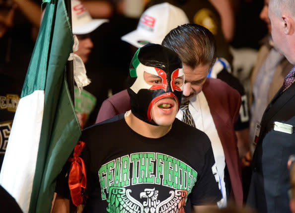 Erik Perez walks to the Octagon to face Byron Bloodworth before their bantamweight fight at UFC 155 on December 29, 2012 at MGM Grand Garden Arena in Las Vegas, Nevada. (Photo by Donald Miralle/Zuffa LLC/Zuffa LLC via Getty Images)