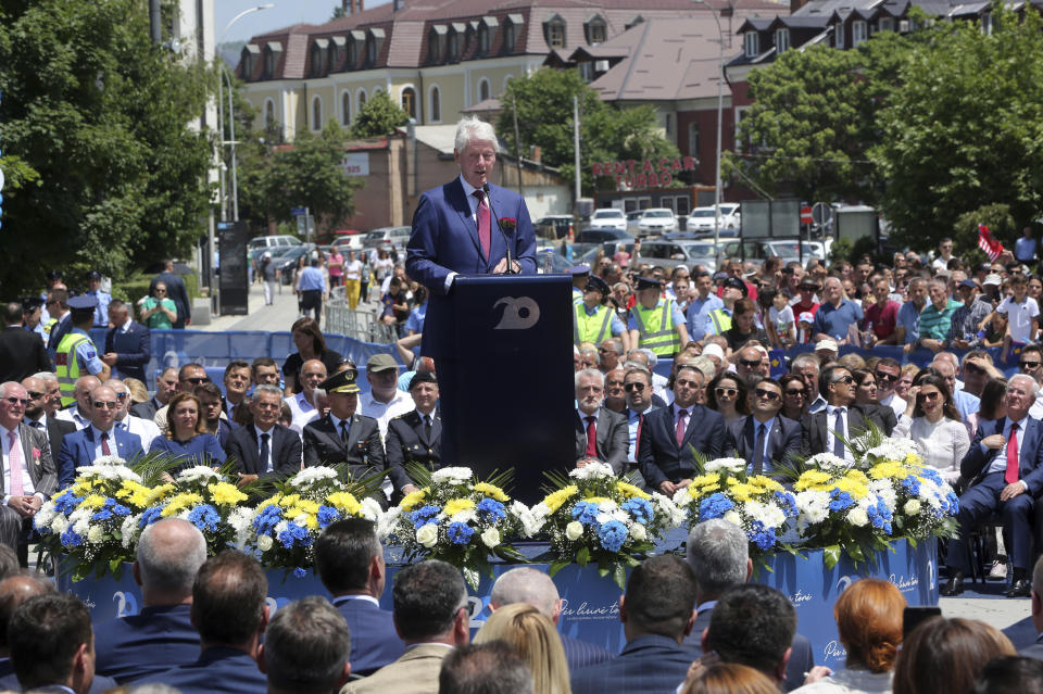 Former U.S. President Bill Clinton speaks during anniversary celebrations in the capital Pristina, Kosovo, Wednesday, June 12, 2019. It’s exactly 20 years since NATO forces set foot in the former Yugoslav province, after an allied bombing campaign ended Serbia’s bloody crackdown on an insurrection by the majority ethnic Albanian population in Kosovo _ revered by Serbs as their historic and religious heartland. (AP Photo/Visar Kryeziu)