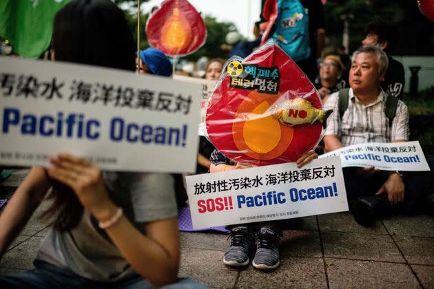 A South Korean activist holds a placard that reads 