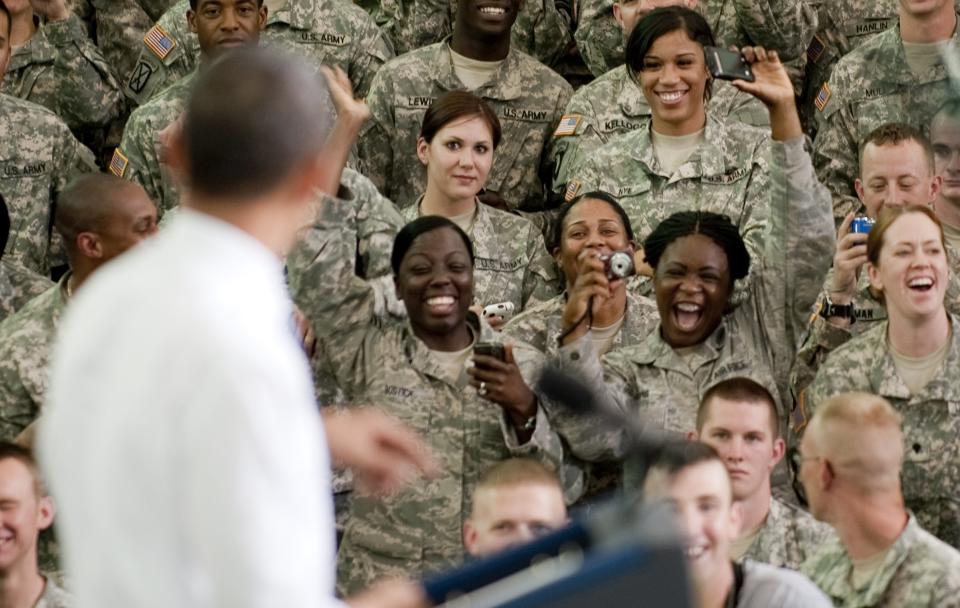 President Barack Obama addresses troops at Fort Campbell, Kentucky, May 6, 2011, after he met and decorated the "full assault force" behind the clandestine raid that killed Osama bin Laden, a White House official said. Obama and Vice President Joe Biden held a series of closed door meetings with special operations troops, then decorated the entire force handing out Presidential Unit Citations, the highest unit award he has the power to grant.                     