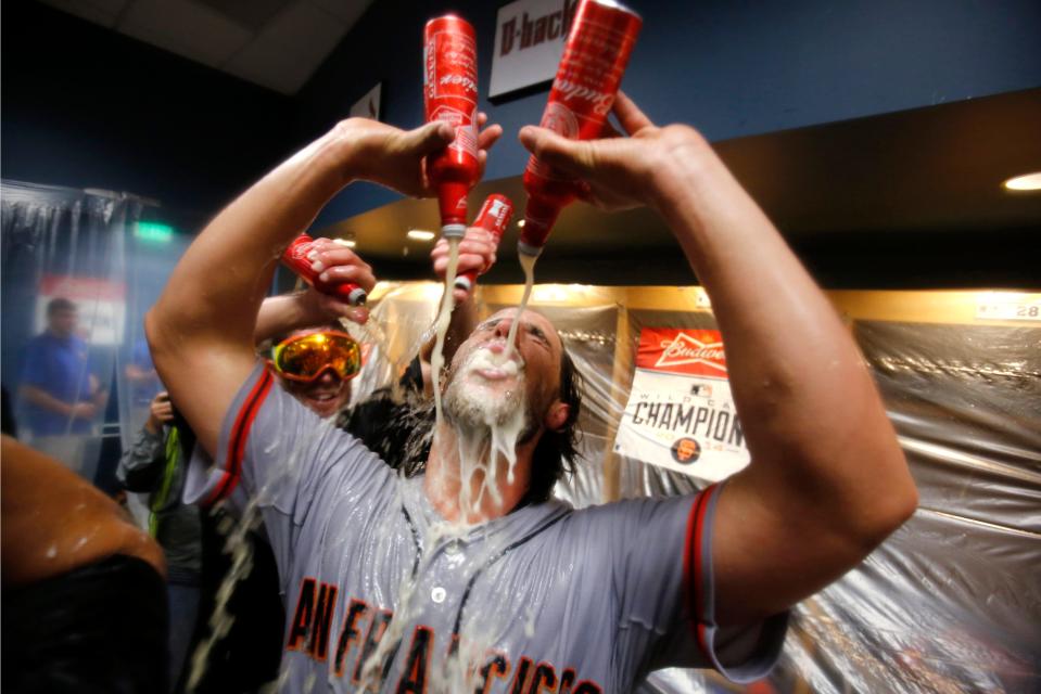 Madison Bumgarner celebrates after the Giants won the 2014 NL wild-card game against Pittsburgh.