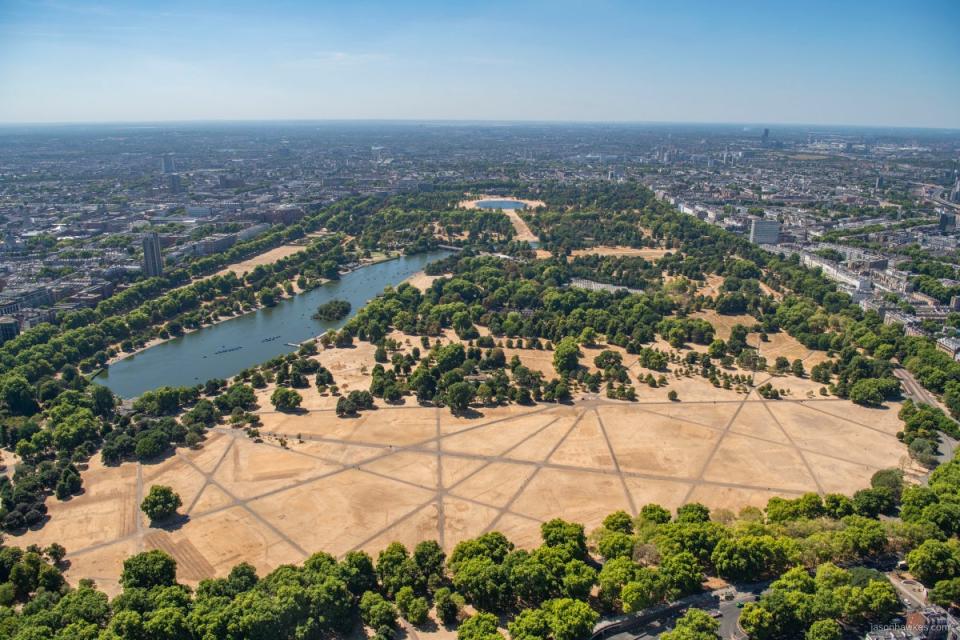 Aerial view of a parched Kensington Gardens and Hyde Park during the summer heatwave (Jason Hawkes)