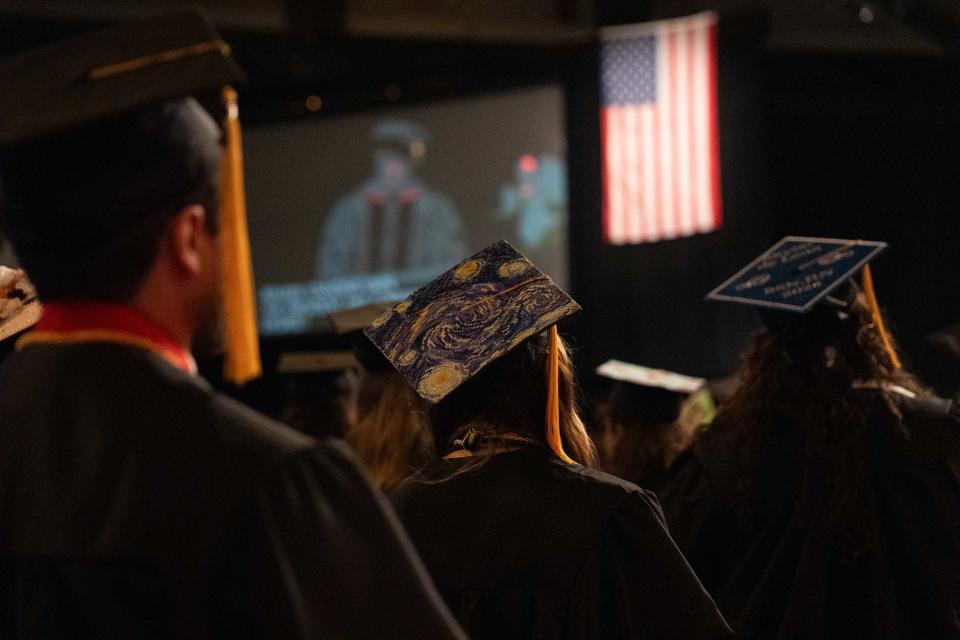 A graduation cap at Bellarmine University’s graduation ceremony on Saturday, May 11, 2024.