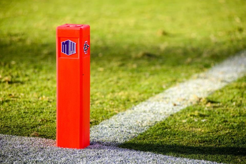 SAN DIEGO, CA - SEPTEMBER 03:  End zone markers with logos of the Mountain West and of the San Diego State Aztecs used during the game against the New Hampshire Wildcats at Qualcomm Stadium on September 3, 2016 in San Diego, California.  (Photo by Kent Horner/Getty Images)