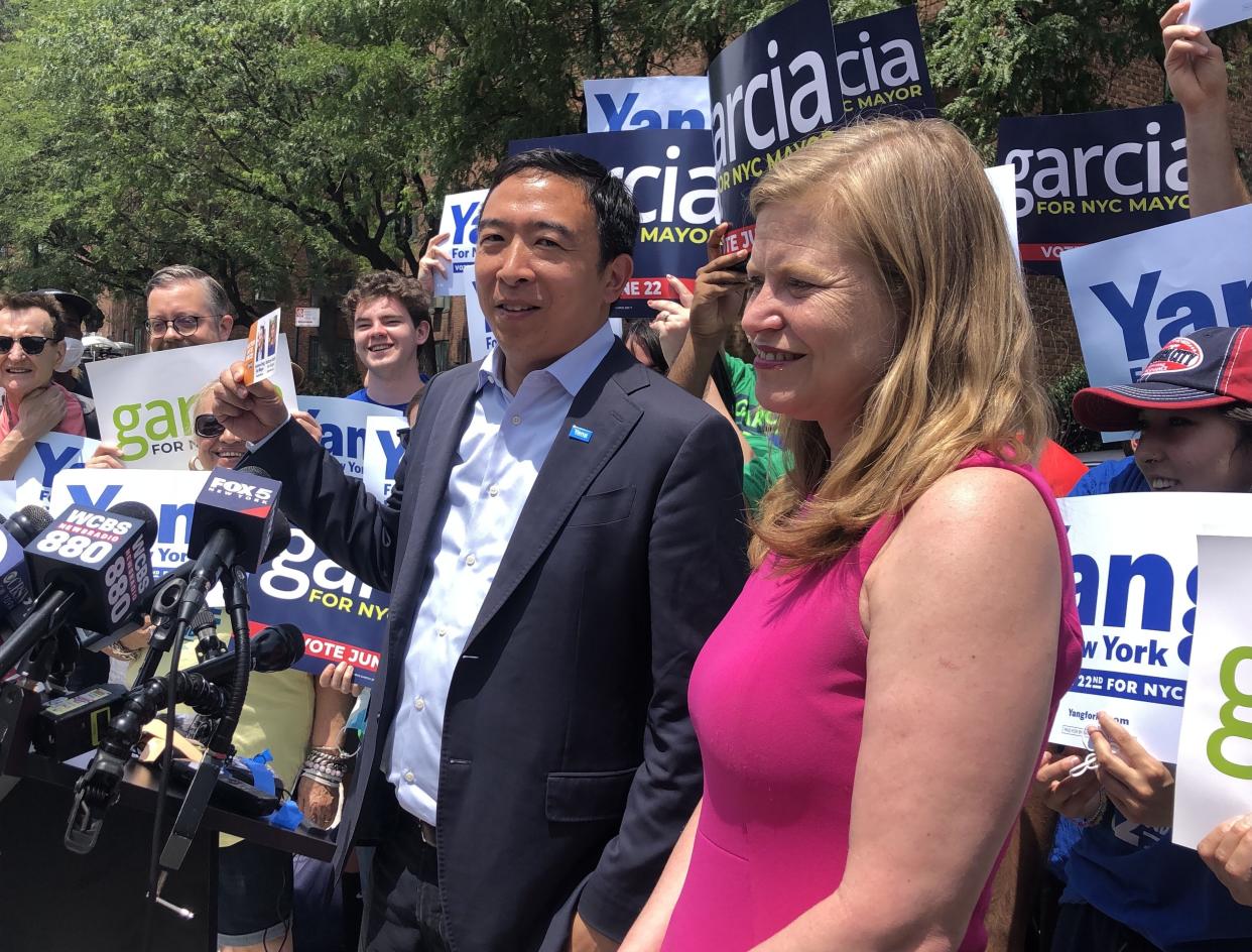 Mayoral candidates Andrew Yang and Kathryn Garcia, make a joint appearance at 14th St. and Ave. A in Manhattan's East Village on Saturday, June 19, 2021.