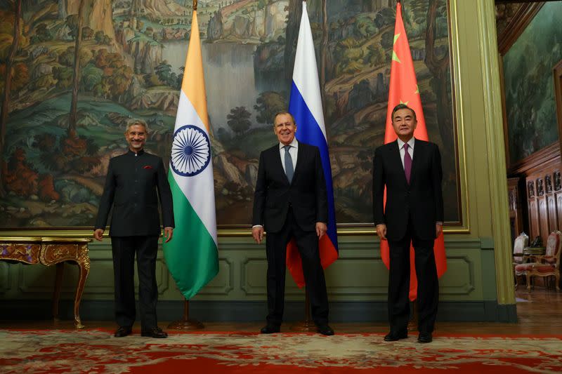 Russia's Foreign Minister Sergei Lavrov, India's Foreign Minister Subrahmanyam Jaishankar and China's State Councillor Wang Yi attend a meeting in Moscow