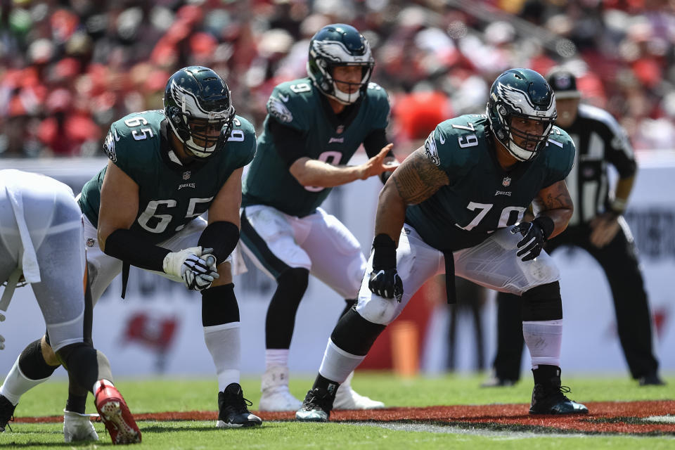 TAMPA, FL - SEPTEMBER 16: Philadelphia Eagles tackle Lane Johnson (65) and Philadelphia Eagles guard Brandon Brooks (79) during an NFL game between the Philadelphia Eagles and the Tampa Bay Buccaneers on September 16, 2018, at Raymond James Stadium in Tampa, FL. (Photo by Roy K. Miller/Icon Sportswire via Getty Images)