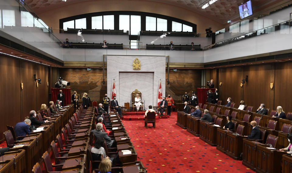 Gov. Gen. Julie Payette delivers the throne speech in the Senate chamber in Ottawa, Ontario, on Wednesday, Sept. 23, 2020. (Adrian Wyld/The Canadian Press via AP)