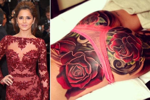 Schick, elegant, pompös: Auf dem roten Teppich macht Sängerin Cheryl Cole ganz auf Lady, doch unter den schnieken Klamotten versteckt sich ein wildes Tattoo-Girl. Auf Po und Hüfte trägt die Britin ein großflächiges, knallbuntes Rosentattoo. (Bild: Getty Images, Instagram/Nikko Hurtado)