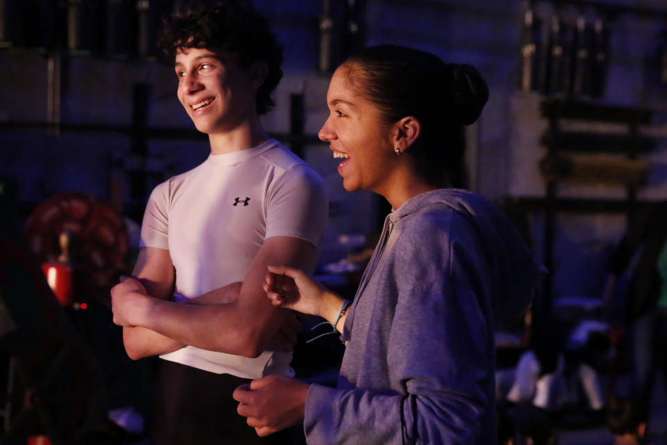 Paola Nava, right, 17, laughs backstage during a rehearsal of Vladimir Issaev's rendition of The Nutcracker ballet on Friday, Dec. 13, 2019, in Fort Lauderdale, Fla.More than 20 dancers of Venezuelan origin were playing various roles on a recent performance of the holiday favorite “The Nutcracker.” Some of these dancers are here seeking asylum after fleeing their crisis-torn nation, which is plagued by shortages of food and medicine. (AP Photo/Brynn Anderson)