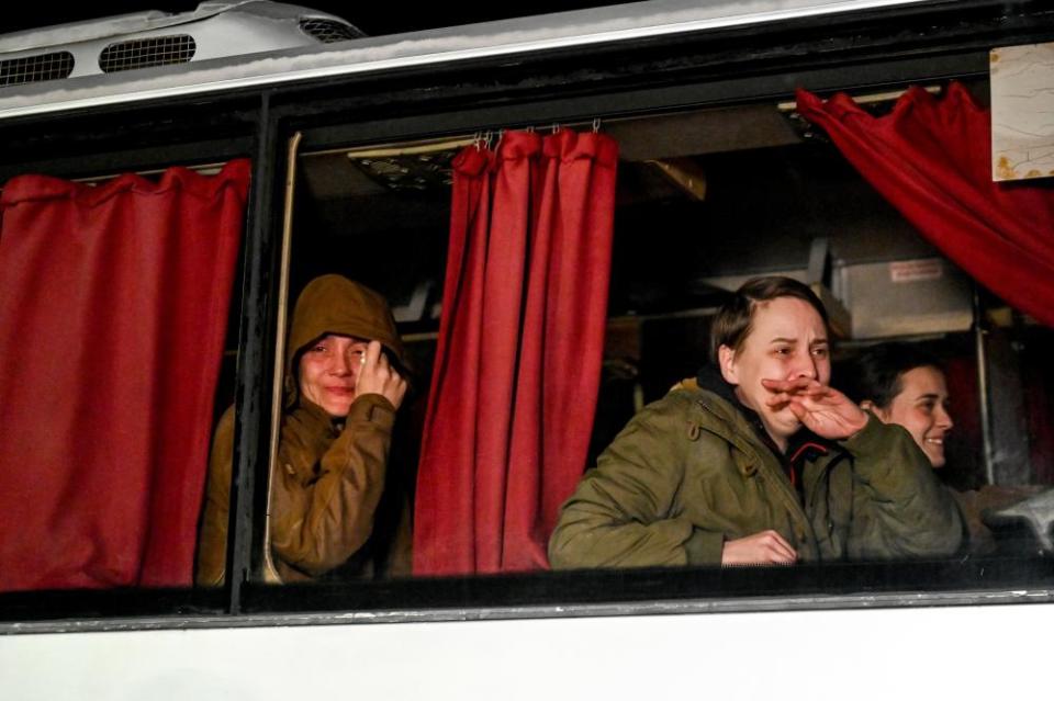 Women released from captivity were met in Zaporizhzhia, southeastern Ukraine.