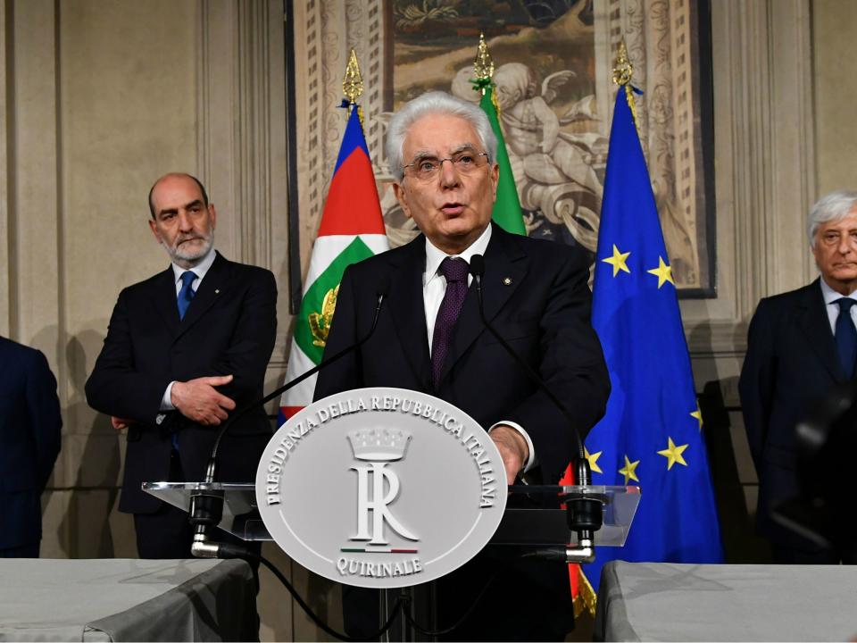 Italy's President Sergio Mattarella addresses media after a meeting with Italy's prime ministerial candidate Giuseppe Conte on 27 May 2018 at the Quirinale presidential palace in Rome: VINCENZO PINTO/AFP/Getty Images