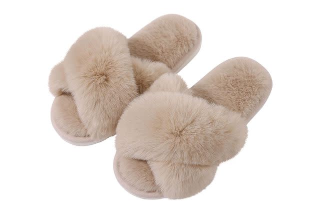  Evshine Women's Fuzzy Slippers Cross Band Memory Foam House  Slippers Open Toe | Slippers