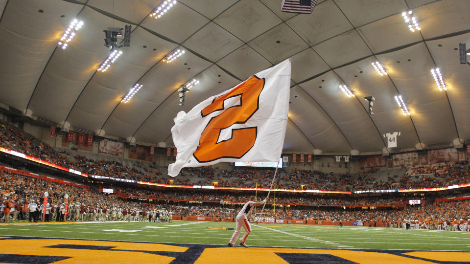 FILE - This Saturday, Nov. 19, 2016, file photo, shows the interior of the Carrier Dome before of an NCAA college football game between Syracuse and Florida State in Syracuse, N.Y. The Carrier Dome at Syracuse University hosted its first football game 40 years ago this week, and it's undergoing a major upgrade as the football season opener looms. (AP Photo/Nick Lisi, File)