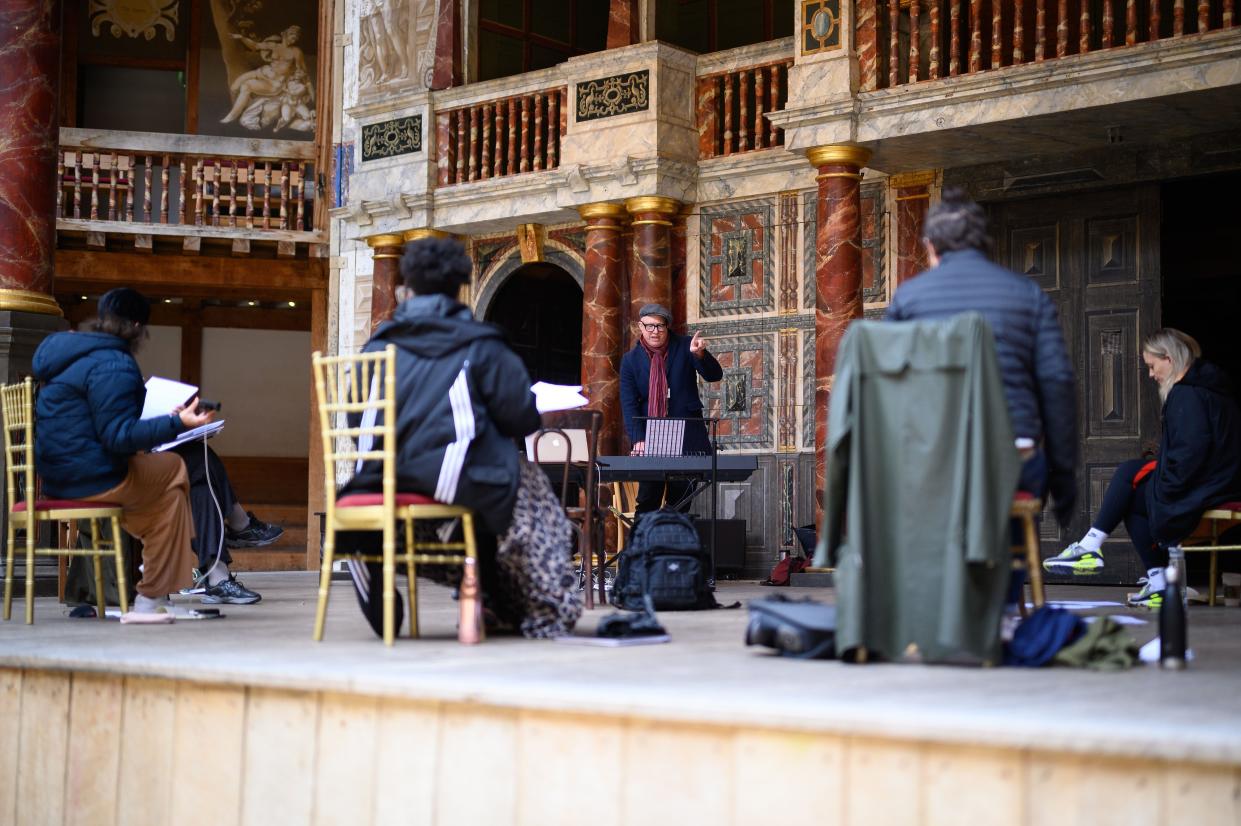 Actors run through an early rehearsal of "A Midsummer Night's Dream" following the re-opening for rehearsals and visitor tours of The Globe Theatre on April 14, 2021, in London, England. Running from May 19 to October 30, the production will see a change in the venue with seating for those in what is traditionally the standing area.