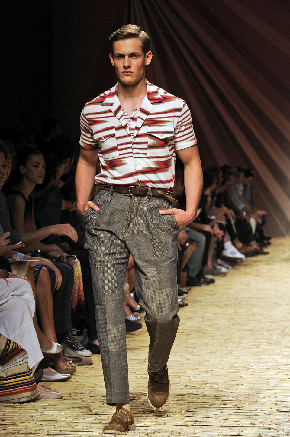 A model wears a creation for Missoni men's Spring-Summer 2014 collection, part of the Milan Fashion Week, unveiled in Milan, Italy, Sunday, June 23, 2013. (AP Photo/Giuseppe Aresu)