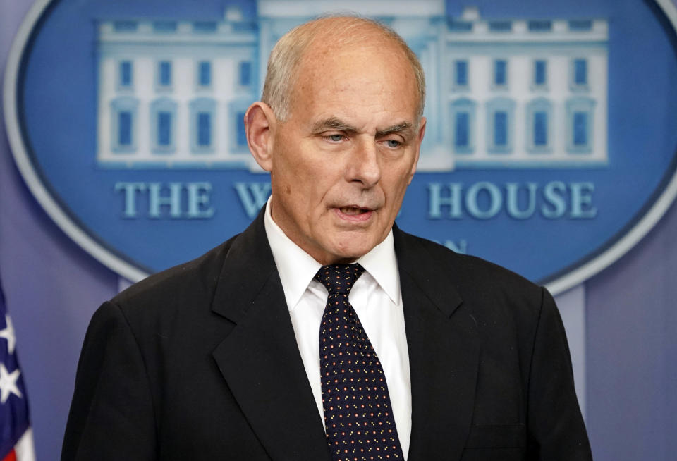 White House Chief of Staff John Kelly speaks to the media during the daily briefing, Oct. 19, 2017. (Photo: Pablo Martinez Monsivais/AP)