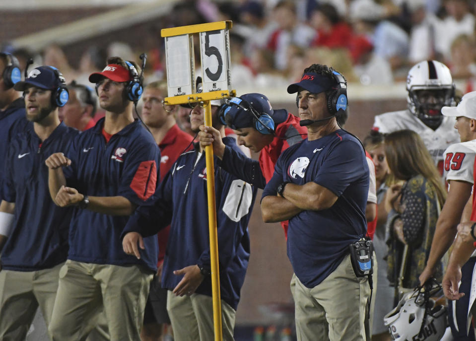 South Alabama head coach Joey Jones watches on during the second half of an NCAA college football game against Mississippi in Oxford, Miss., Saturday, Sept. 2, 2017. Mississippi won 47-27. (AP Photo/Thomas Graning)