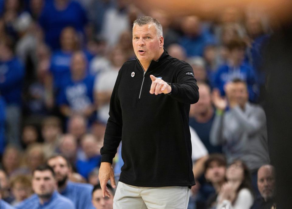 Creighton coach Greg McDermott directs the team during the first half of an NCAA college basketball game against Iowa on Tuesday, Nov. 14, 2023, in Omaha, Neb. (AP Photo/Rebecca S. Gratz)