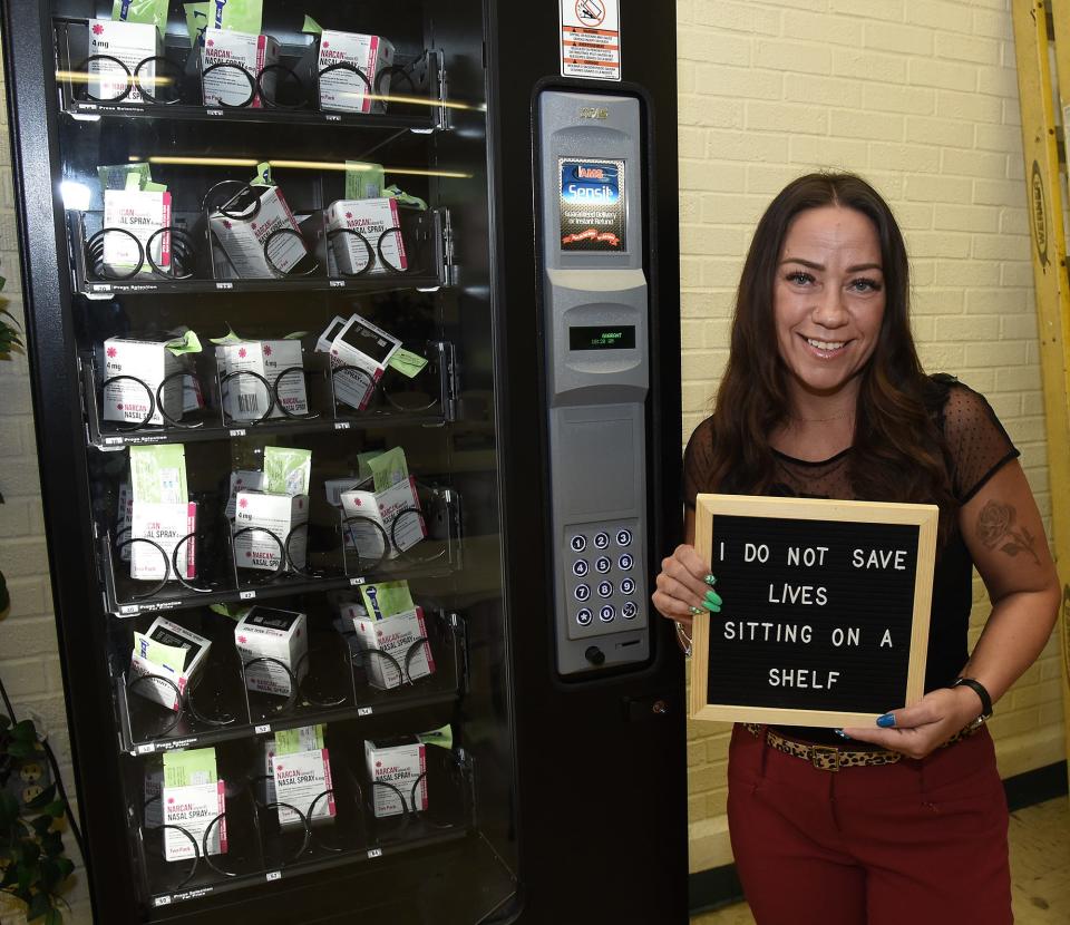 Tara Bijarro a certified peer recovery specialist and director of recovery services for Oaks of Righteousness Church, wants people to know about the vending machine that carries Narcan nasal spray at Oaks Victory Village.