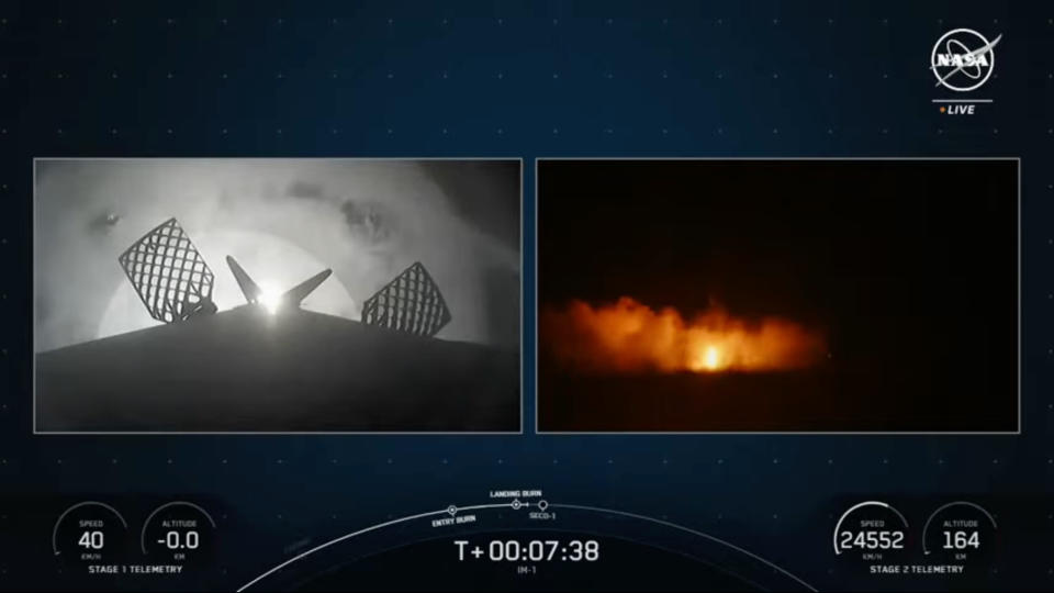 Side by side images of a rocket's first descent stage at night.