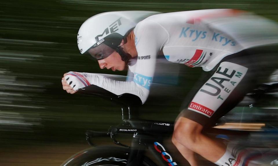 UAE Team Emirates rider Tadej Pogacar, wearing the white jersey for best young rider, in action on Stage 20’s individual time trial from Lure to La Planche des Belles Filles.