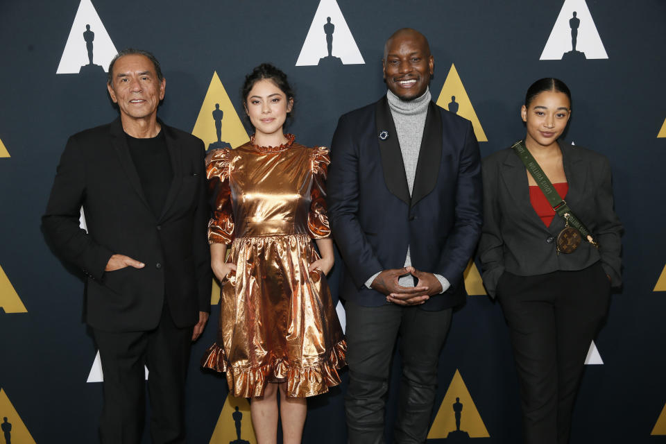 Actors, from left to right, Wes Studi, Rosa Salazar, Tyrese Gibson and Amandla Stenberg pose at the Academy Nicholl Fellowships in Screenwriting Awards and Live Read at the Academy of Motion Picture Arts and Sciences Samuel Goldwyn Theater on Thursday, Nov. 7, 2019, in Beverly Hills, Calif. (Photo by Danny Moloshok/Invision/AP)