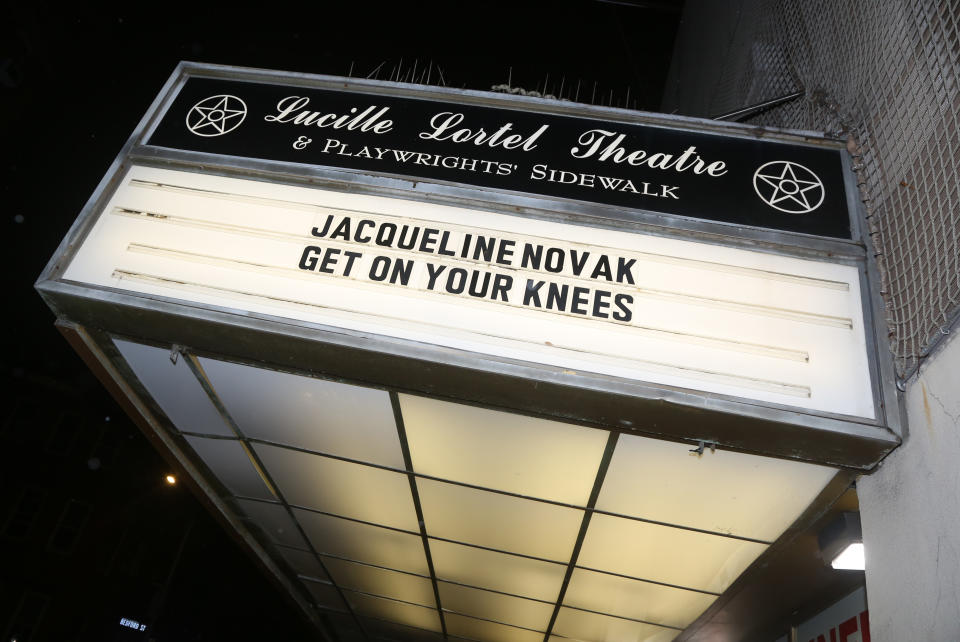 NEW YORK, NEW YORK - DECEMBER 18: (EXCLUSIVE COVERAGE) Signage for the (Re)Opening Night of Jacqueline Novak's 