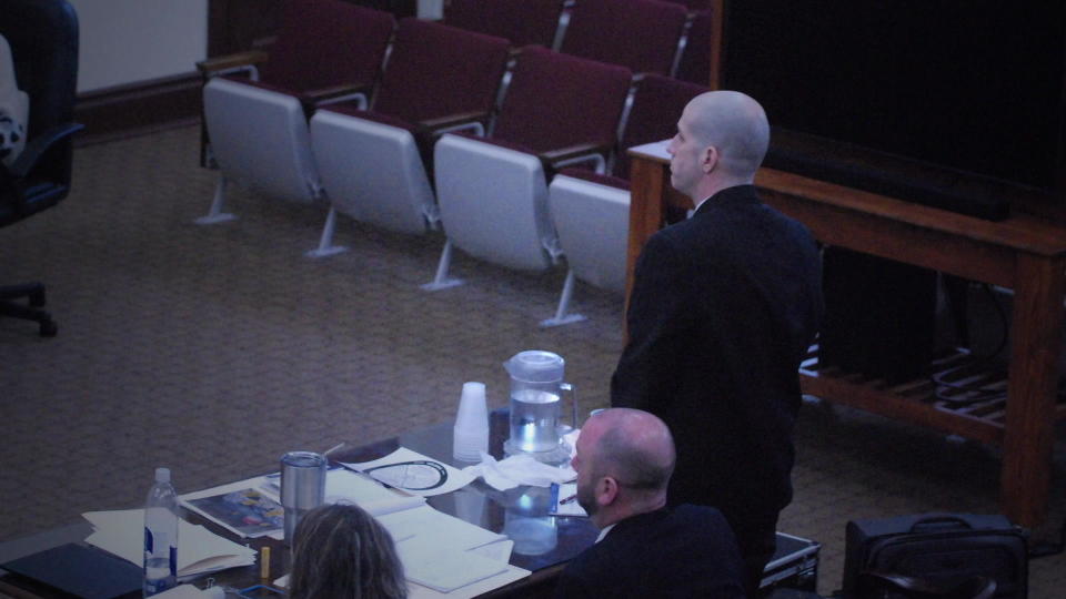 Seth Perrault stands to hear the verdict in his murder trial on Feb. 25, 2022. / Credit: Eatonton Messenger