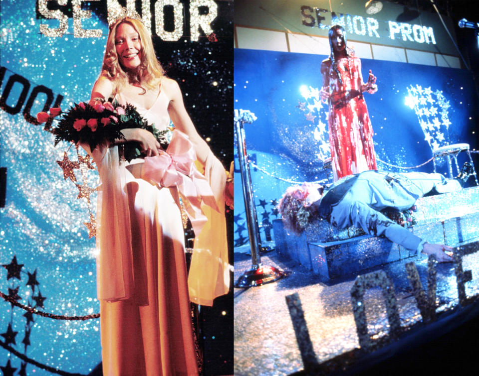 <p>Carrie, played by Sissy Spacek, looked innocent and pretty in pink for this 1970s prom. However, prom took a turn for the worse when blood was dumped on her in a cruel joke. Her pink dress turned dark red, making it a night that high school students — and the fashion world — would never forget! (Photos: Everett Collection) </p>