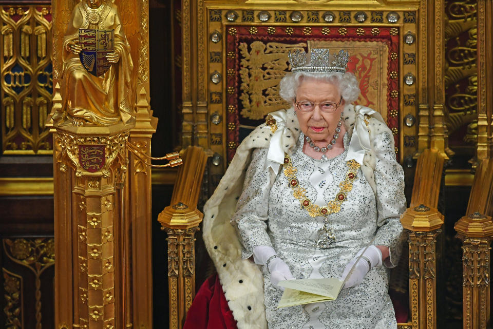 LONDON, ENGLAND - OCTOBER 14: Queen Elizabeth II delivers the Queen's Speech during the State Opening of Parliament at the Palace of Westminster on October 14, 2019 in London, England. The Queen's speech is expected to announce plans to end the free movement of EU citizens to the UK after Brexit, new laws on crime, health and the environment. (Photo by Victoria Jones - WPA Pool / Getty Images)