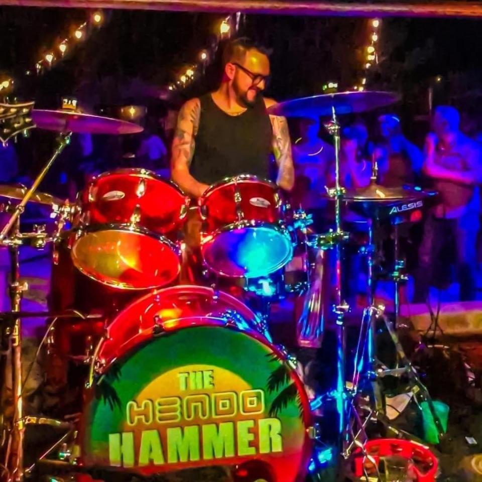 Former Hendersonville busker Sam Frame is now the drummer for the local band Lazrluvr.
