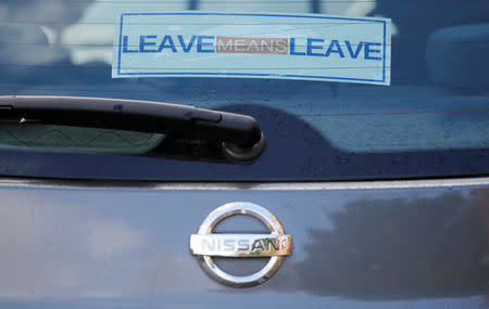 FILE PHOTO: A pro-Brexit sticker is seen on a Nissan car in Manchester, Britain, October 2, 2018. REUTERS/Phil Noble/File Photo