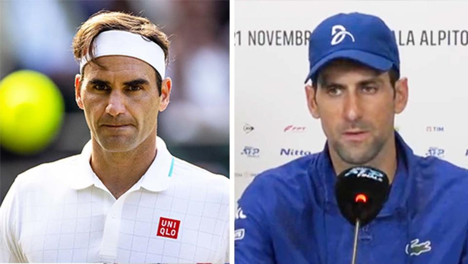 Novak Djokovic (pictured right) during a press conference at the ATP Finals and (pictured left) Roger Federer at Wimbledon.