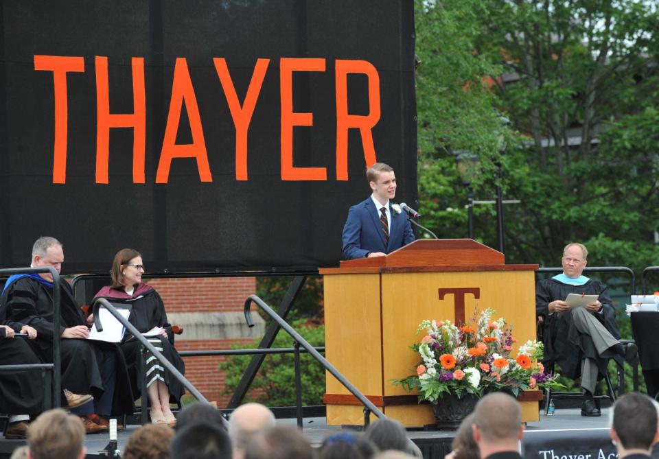 Class of 2022 valedictorian Charles Solari speaks to the Thayer Academy graduates and their families in Braintree, Saturday, June 11, 2022.